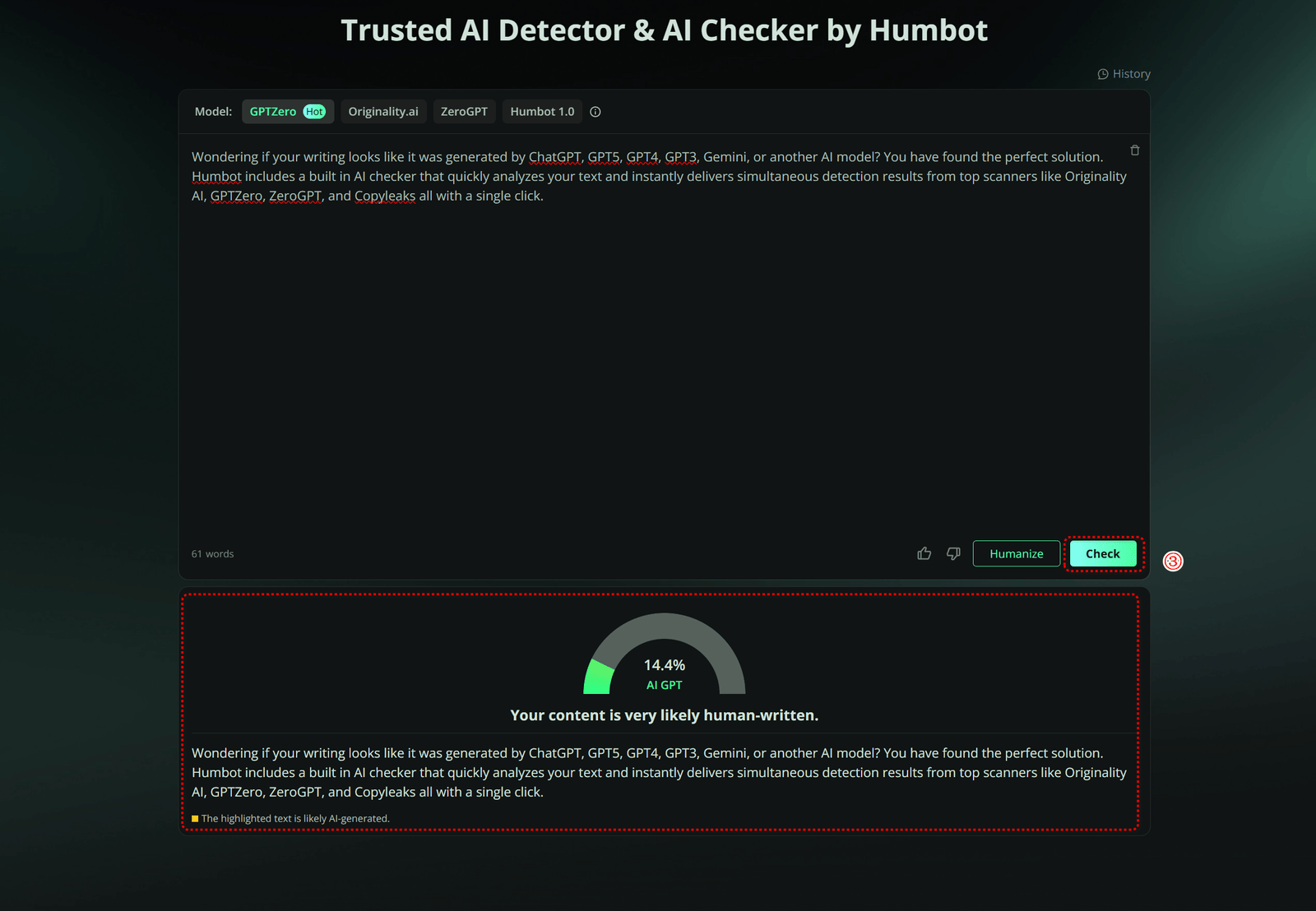 step 3 to use humbot ai checker